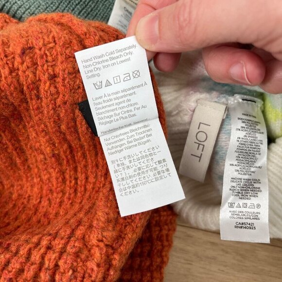 Madewell J Crew Loft Wool Blend Hat Beanie Lot of 3 Orange Green Cream Big Pom - Picture 8 of 13